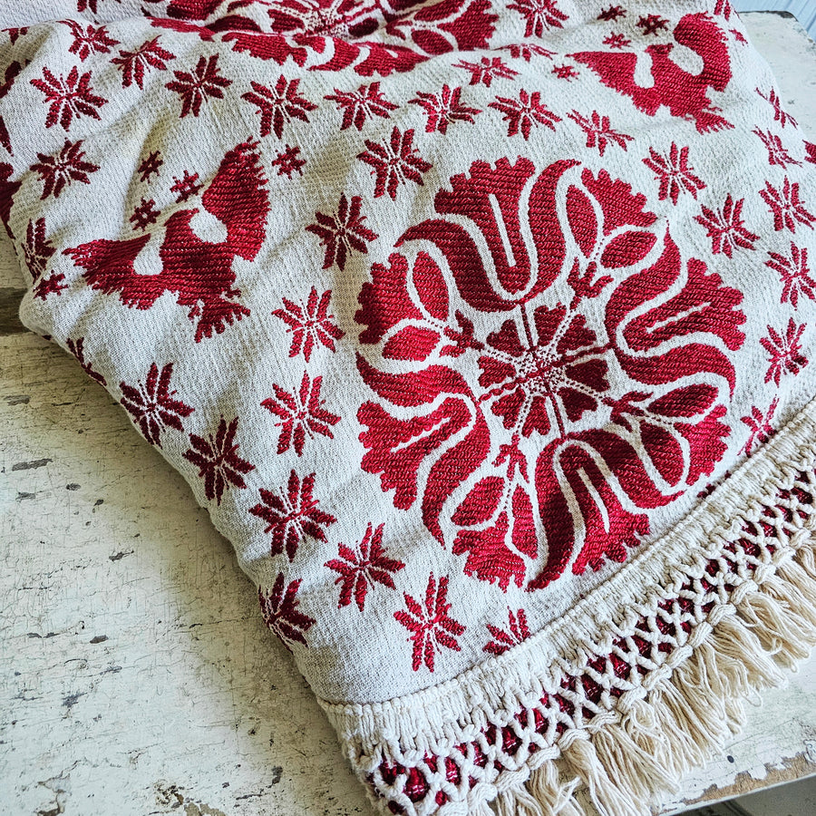 Vintage Hand Woven Polish Red Oval Coverlet/ Tablecloth