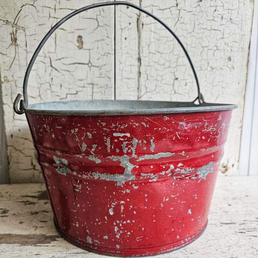 Vintage Red Painted Galvanized Bucket