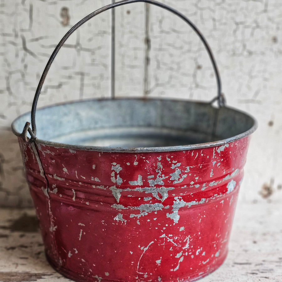 Vintage Red Painted Galvanized Bucket