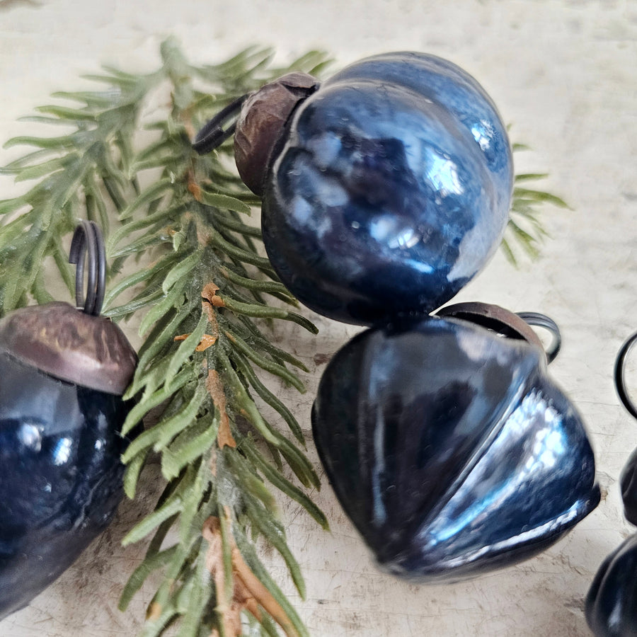 Set of 4 Vintage Style Small Blue Glass Ornaments