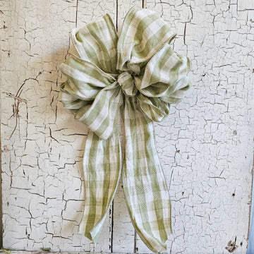 Large Handmade Linen Gingham Bow- Lt Sage Green and White