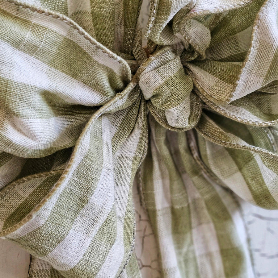 Large Handmade Linen Gingham Bow- Lt Sage Green and White