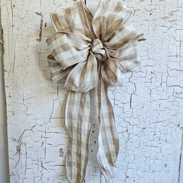 Large Handmade Linen Gingham Bow- Tan and White