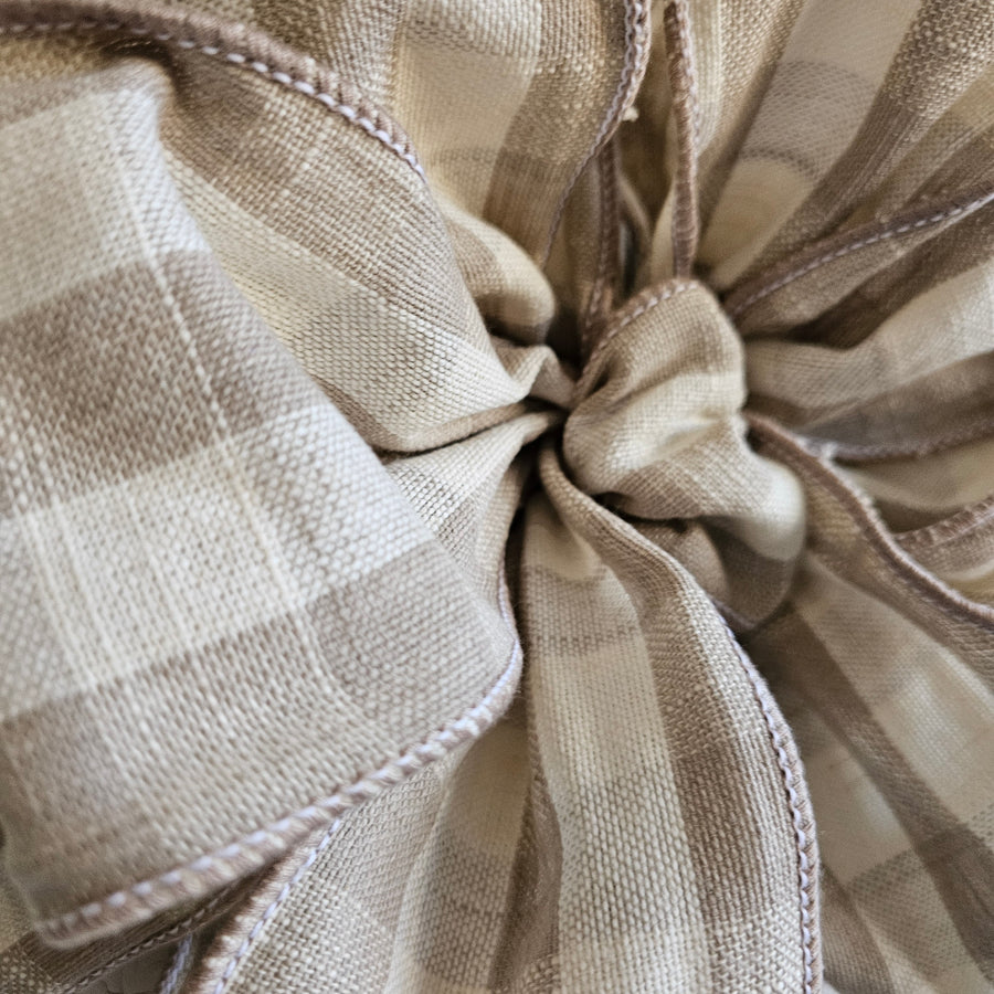 Large Handmade Linen Gingham Bow- Tan and White