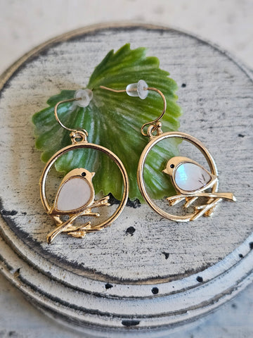 Gold & Mother of Pearl Bird on twig Earrings