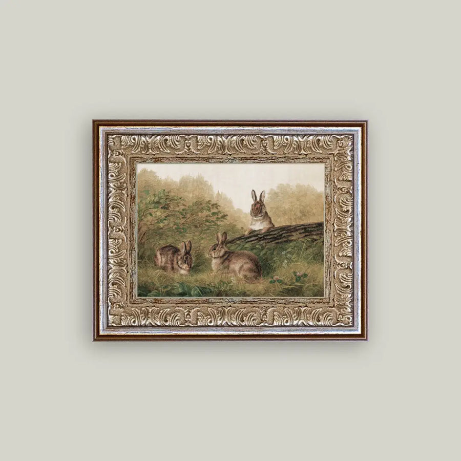 Antique Framed Print - Rabbits on Log 7x5