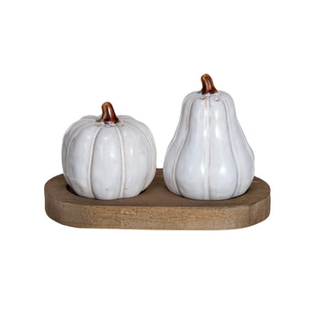 Pumpkin Salt & Pepper Pair with Wood Tray