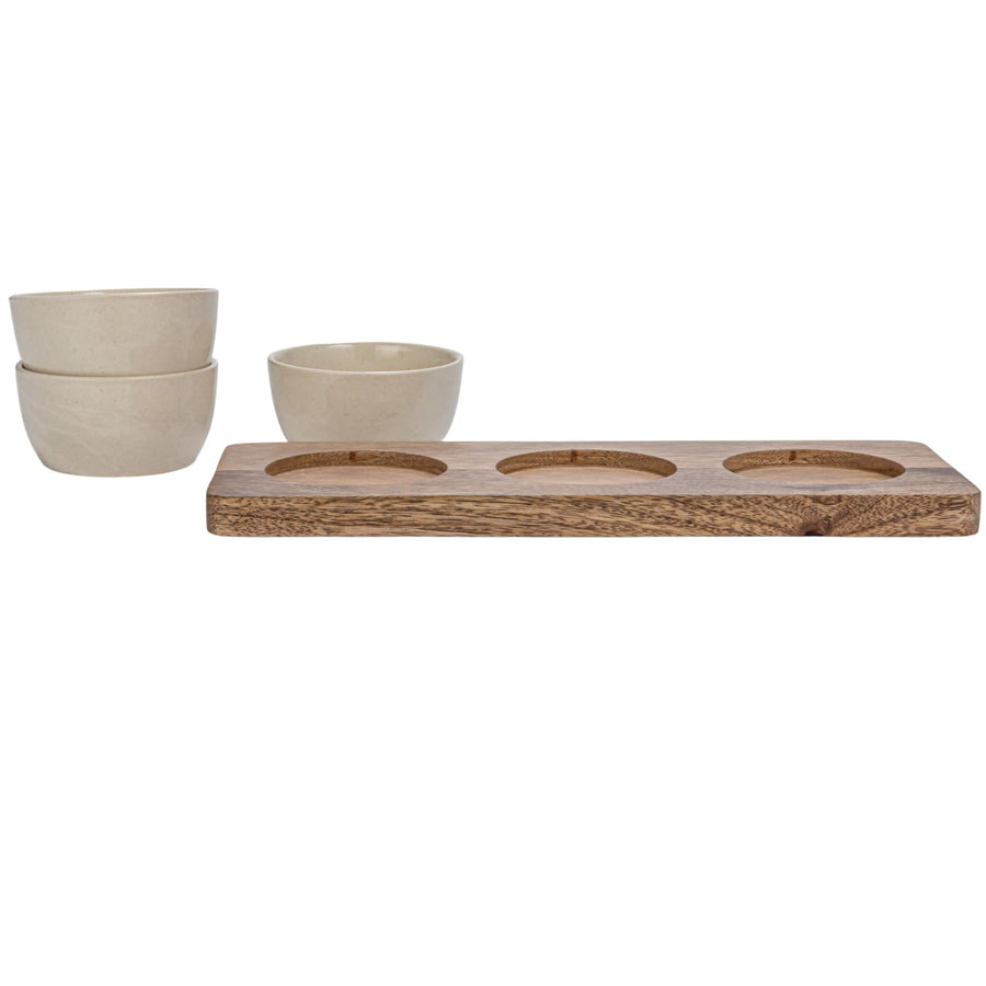 Mango Wood Tray with 3 Stoneware Bowls