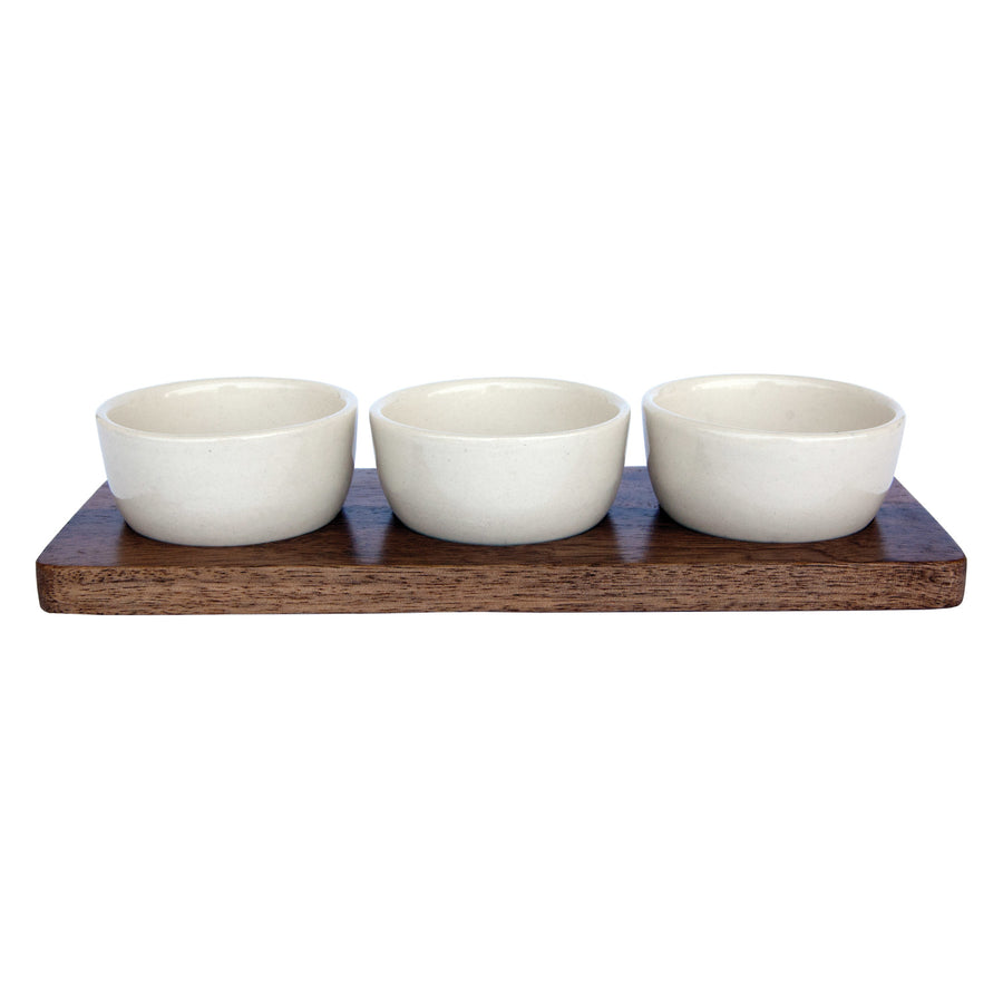 Mango Wood Tray with 3 Stoneware Bowls