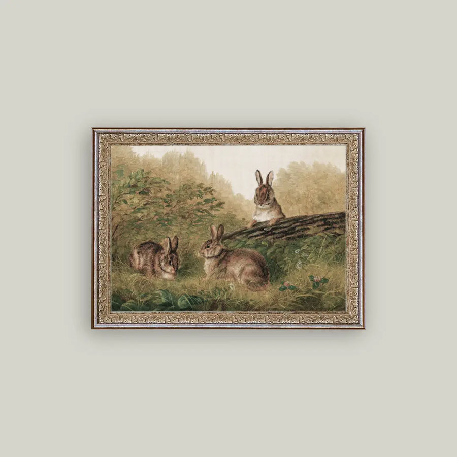 Antique Framed Print - Rabbits on Log 16x12